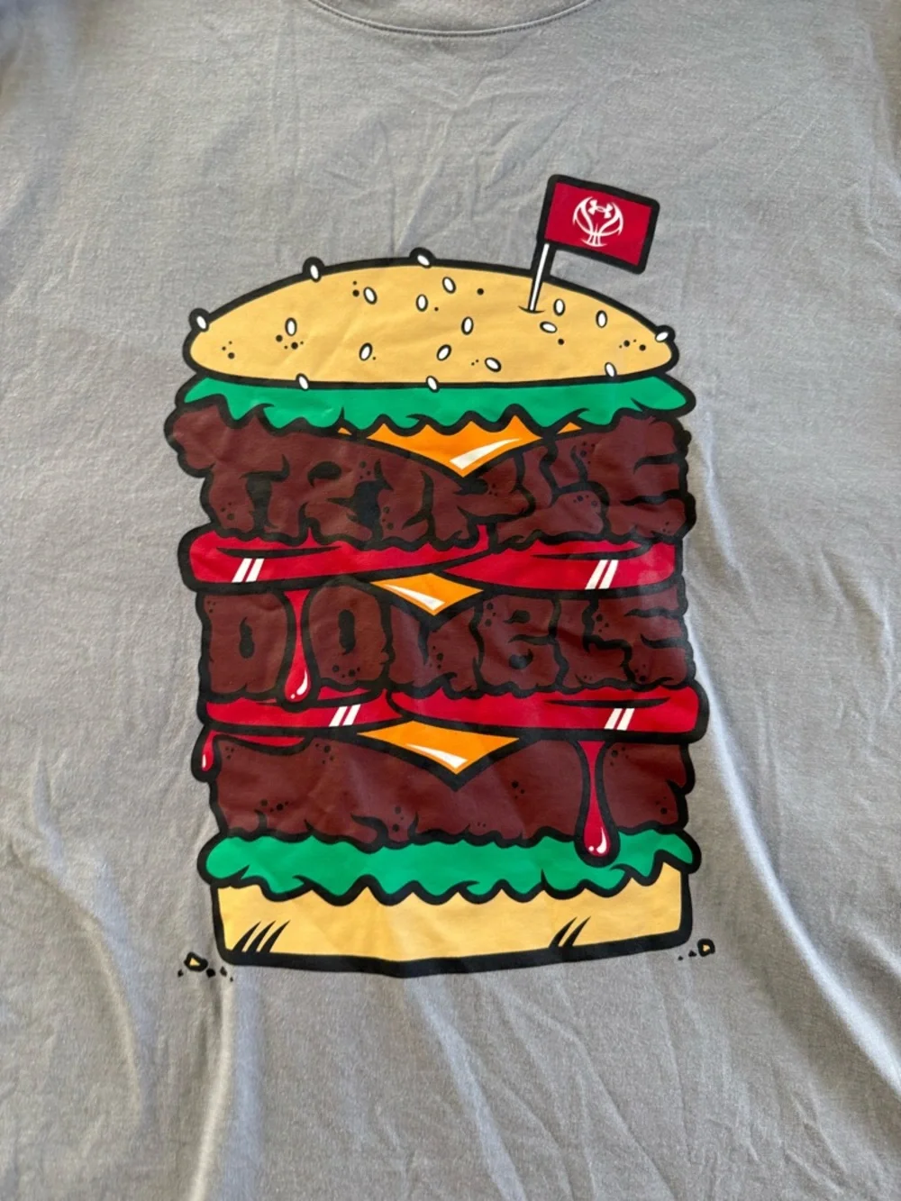 Under Armour Light Gray Burger Graphic Tee with Red and Yellow Accents
